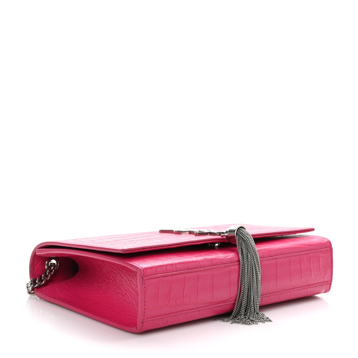 Calfskin Crocodile Embossed Medium Classic Monogram Kate Tassel Satchel Fuchsia