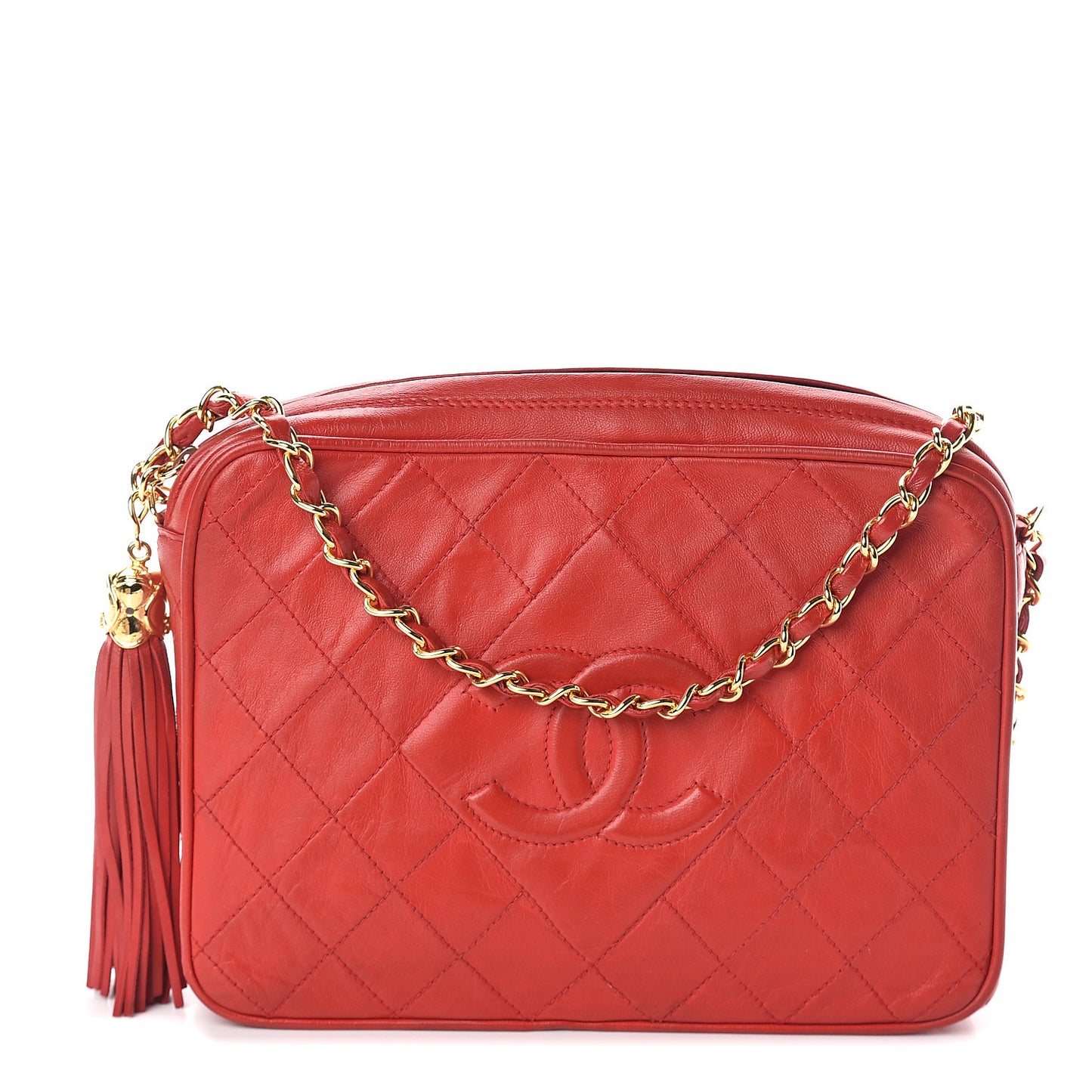Lambskin Quilted Tassel Camera Case Red