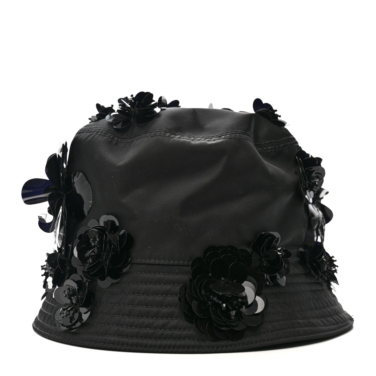 Prada Re-Nylon Metal Triangle Logo Sequin Floral Embellished Bucket Hat L Black 6 of 8
