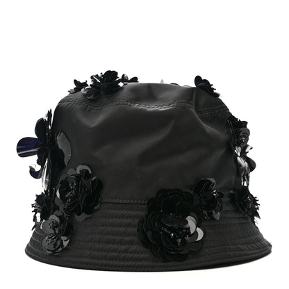 Prada Re-Nylon Metal Triangle Logo Sequin Floral Embellished Bucket Hat L Black 6 of 8