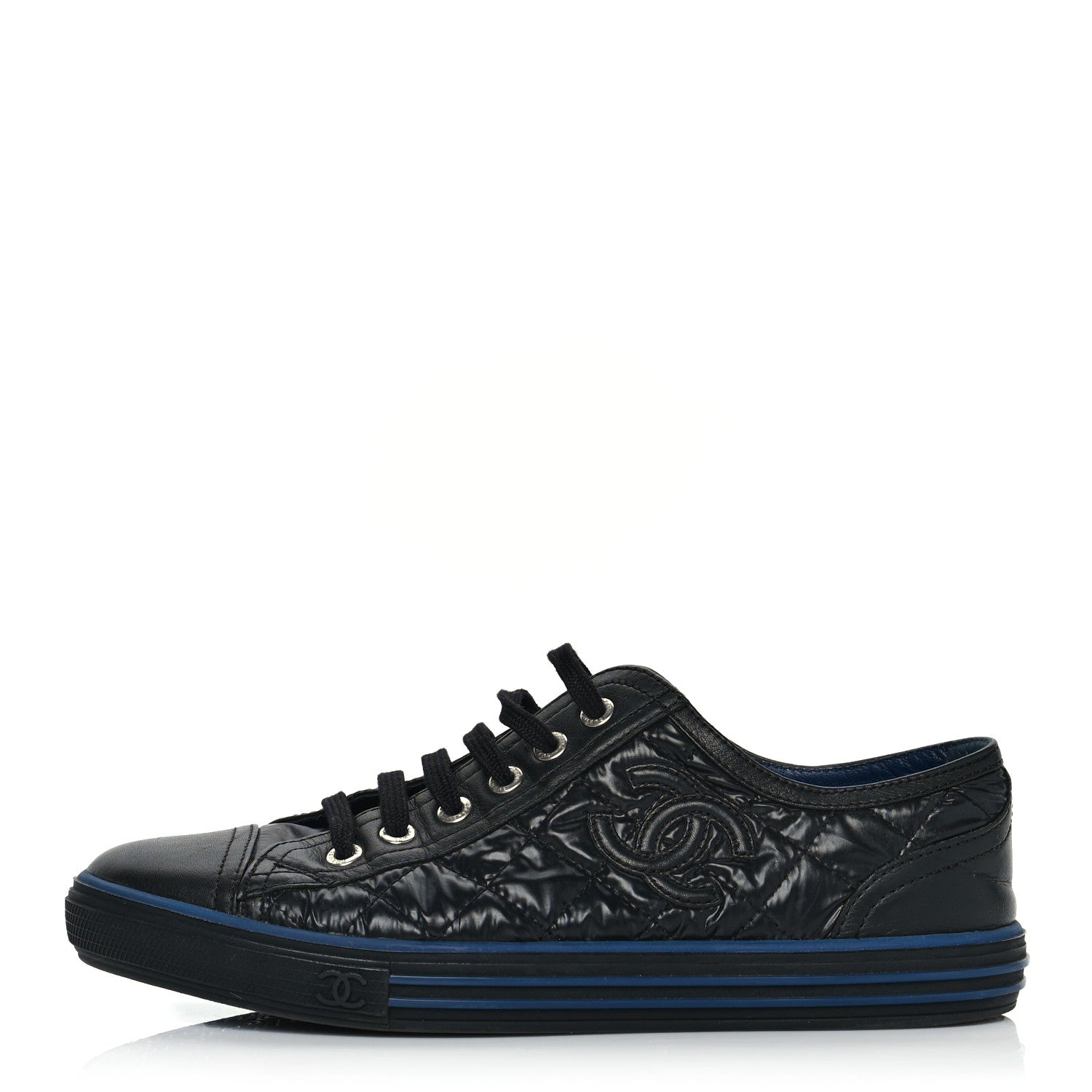 Chanel Nylon Calfskin Quilted CC Sneakers 37 Black Blue 1 of 7