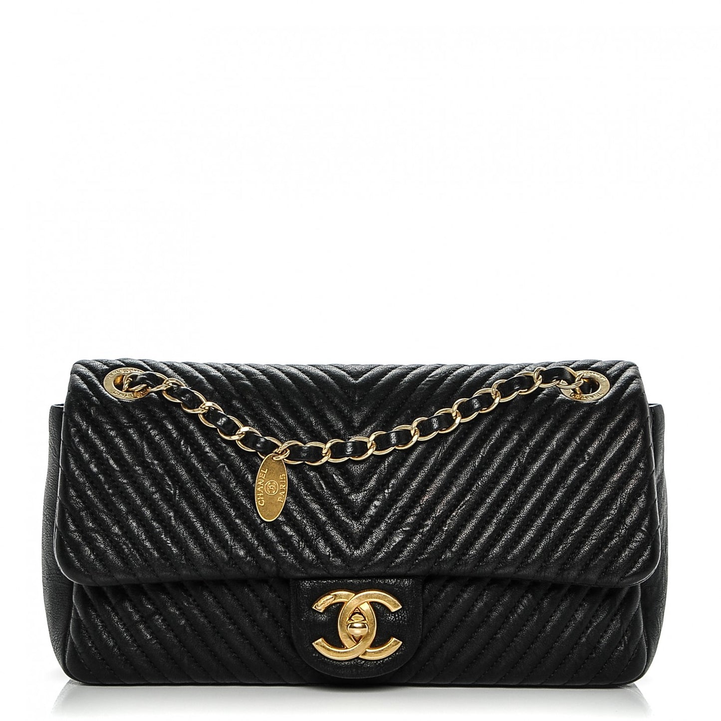 Wrinkled Lambskin Chevron Quilted Small Flap Black