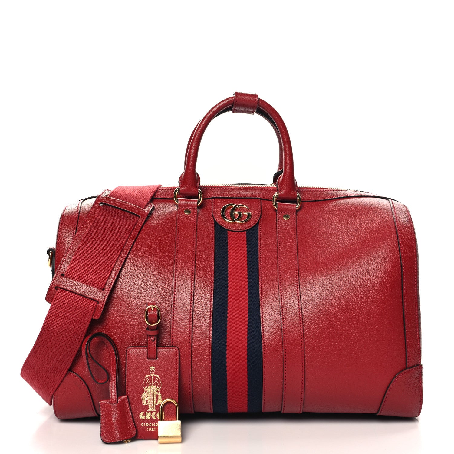 Gucci Textured Dollar Calfskin Web Medium Savoy Duffle Bag Red 2 of 10