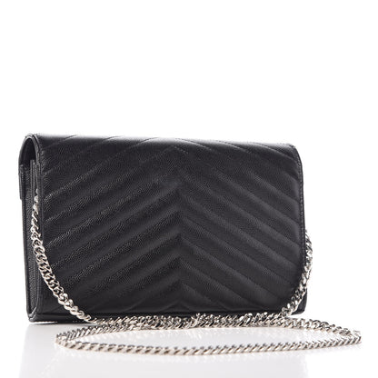 Saint Laurent Grain De Poudre Matelasse Chevron Monogram Chain Wallet Black 3 of 7