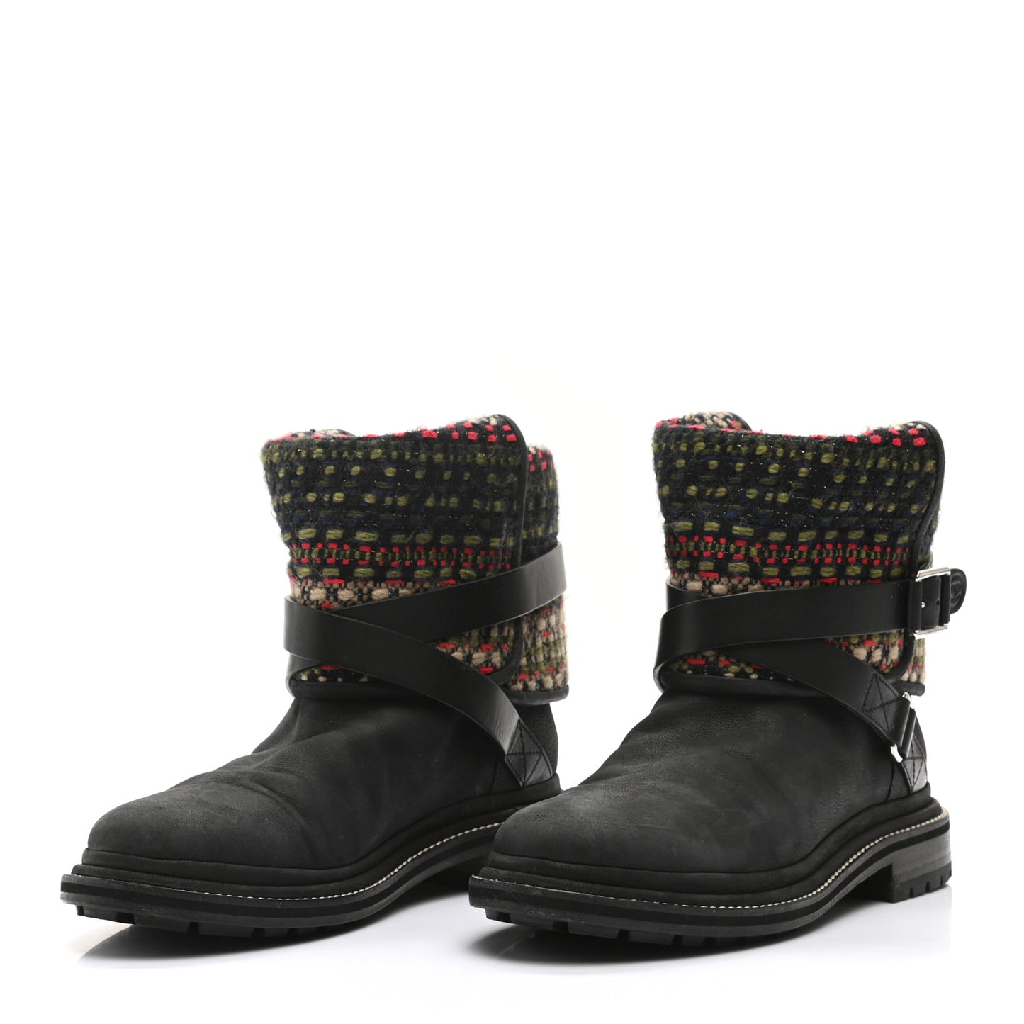 Tweed Calfskin CC Short Boots 40 Black Green Red