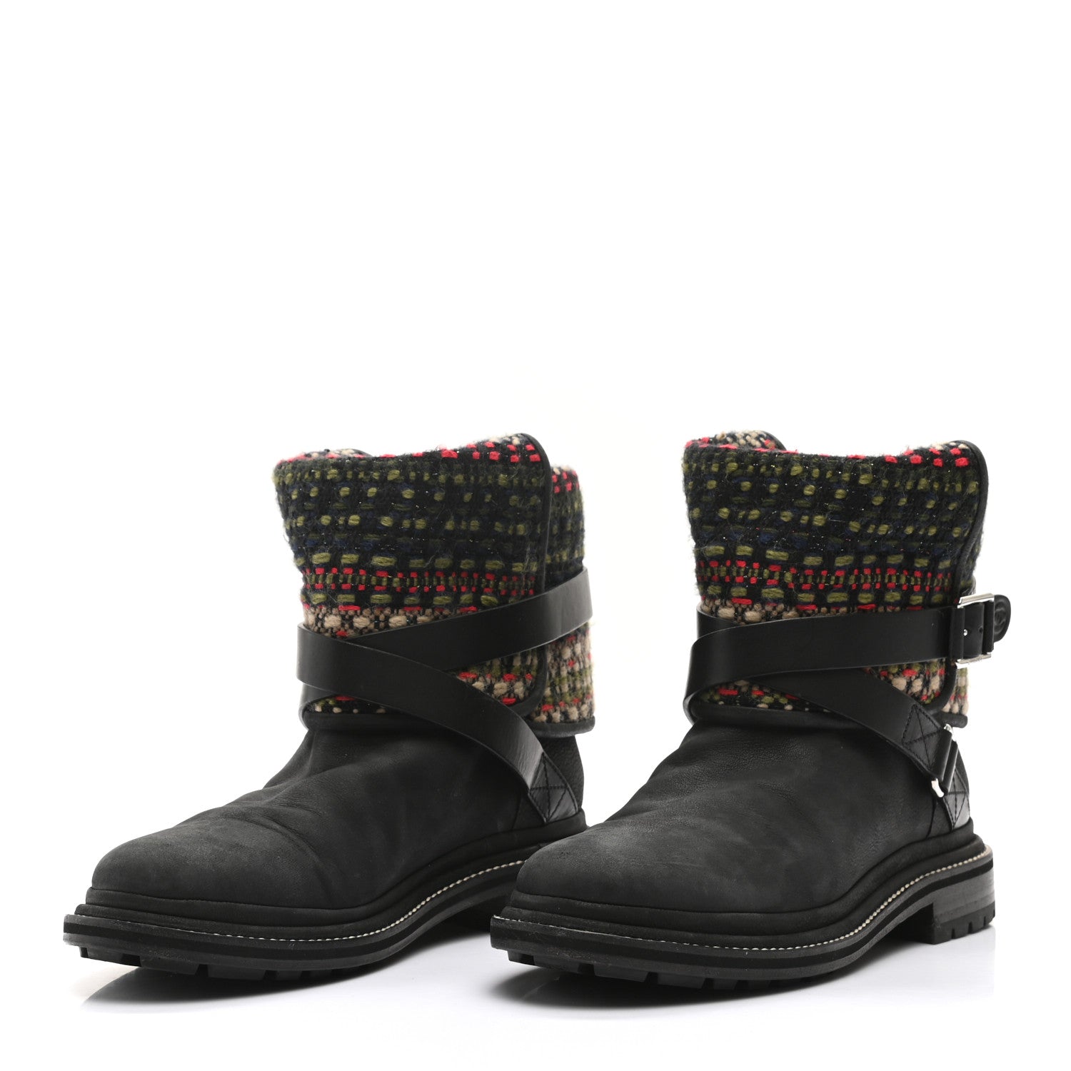 Chanel Tweed Calfskin CC Short Boots 40 Black Green Red 3 of 8