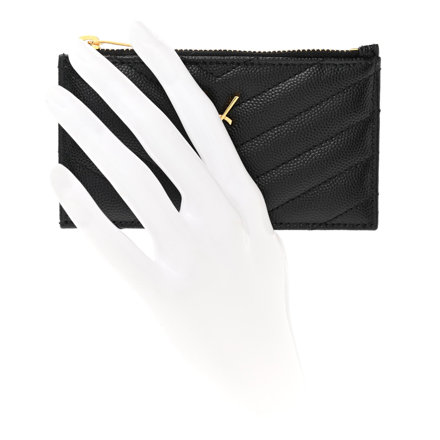 Saint Laurent Grain De Poudre Matelasse Chevron Monogram Fragments Zippered Card Case Black 2 of 6