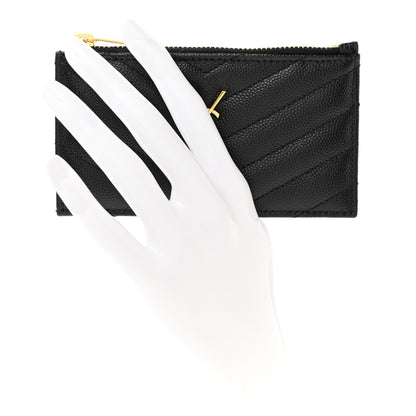 Saint Laurent Grain De Poudre Matelasse Chevron Monogram Fragments Zippered Card Case Black 2 of 6