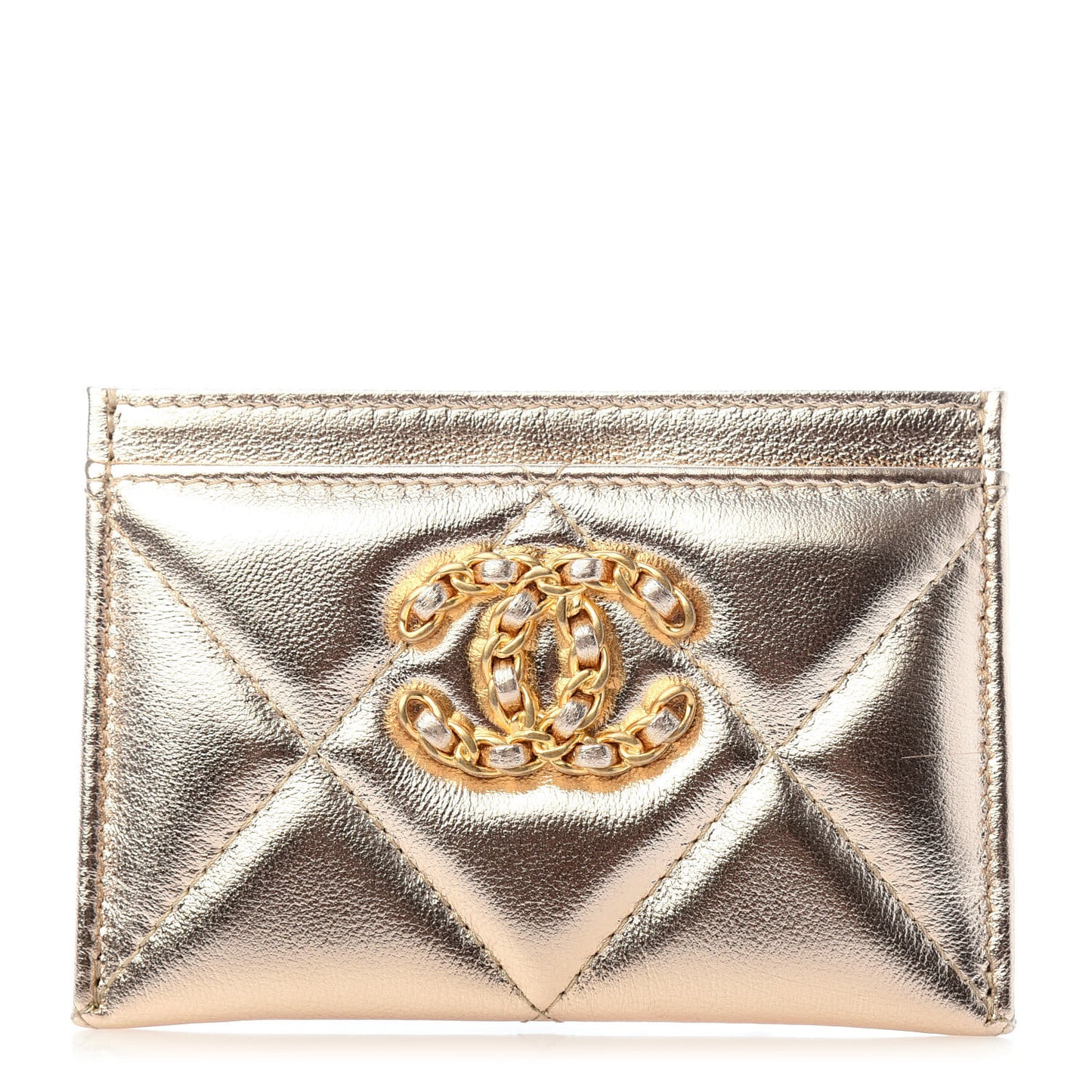 Metallic Goatskin Quilted Chanel 19 Card Holder Gold