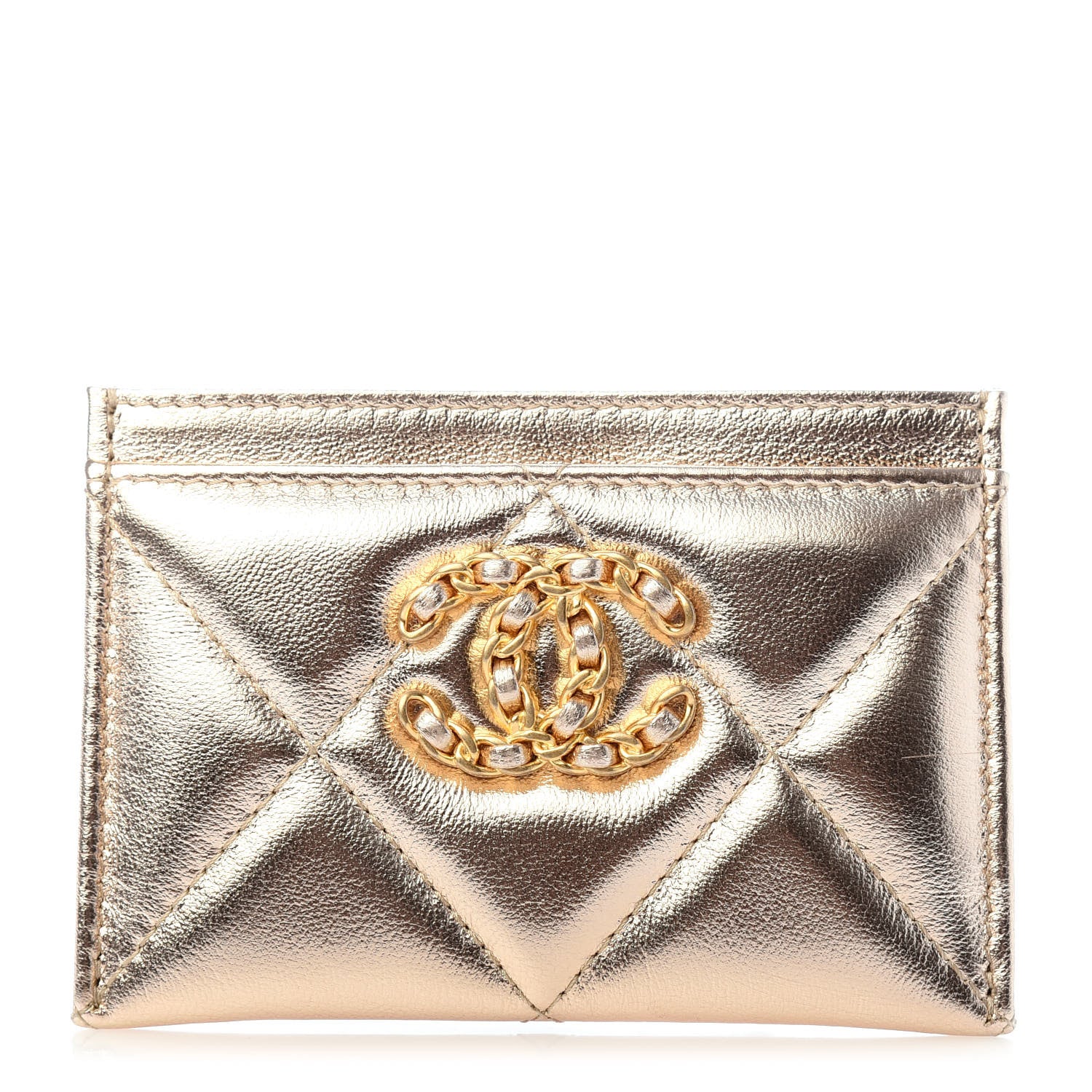 Chanel Metallic Goatskin Quilted Chanel 19 Card Holder Gold 1 of 8