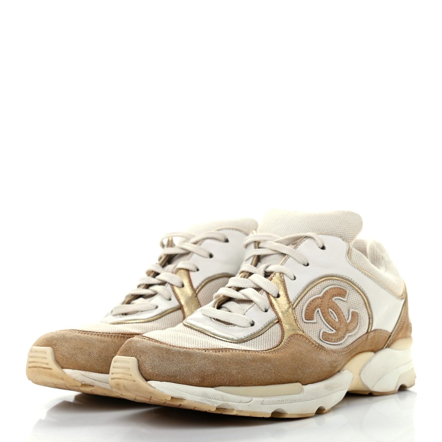 Chanel Nylon Lambskin Suede Calfskin CC Sneakers 37.5 Brown White Gold 3 of 11