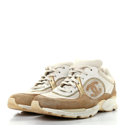 Chanel Nylon Lambskin Suede Calfskin CC Sneakers 37.5 Brown White Gold 3 of 11