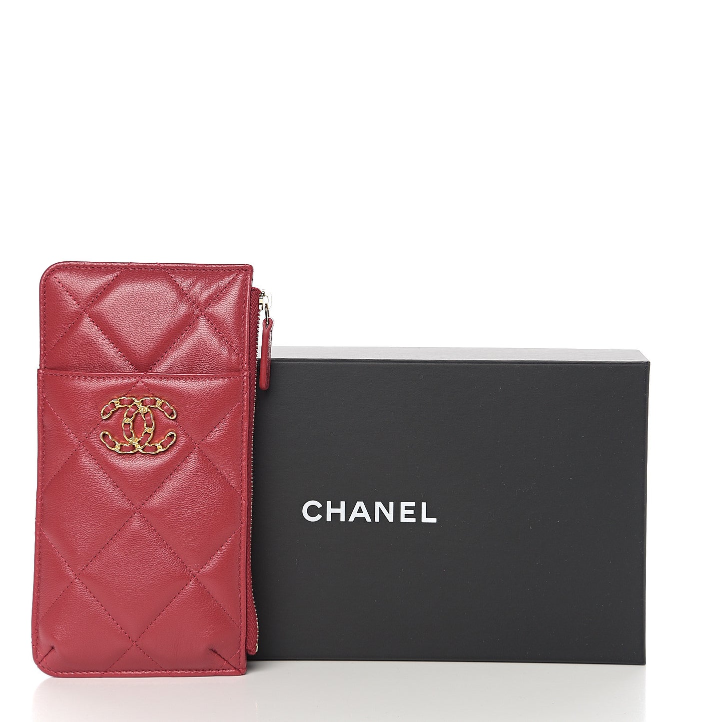 Shiny Goatskin Quilted Chanel 19 Flat Wallet Pouch Red