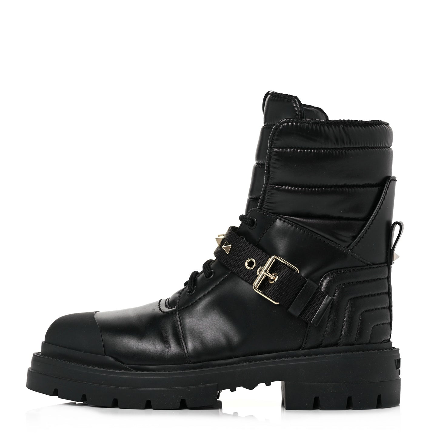 Calfskin Nylon Quilted Waterproof Rockstud Combat Boots 39 Black