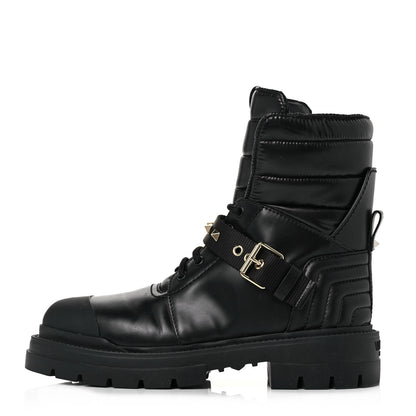 Valentino Garavani Calfskin Nylon Quilted Waterproof Rockstud Combat Boots 39 Black 1 of 8
