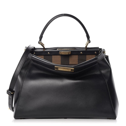 Fendi Vitello Morgan Fabric Jacquard Pequin Medium Peekaboo Iconic Satchel Black Tobacco 1 of 11