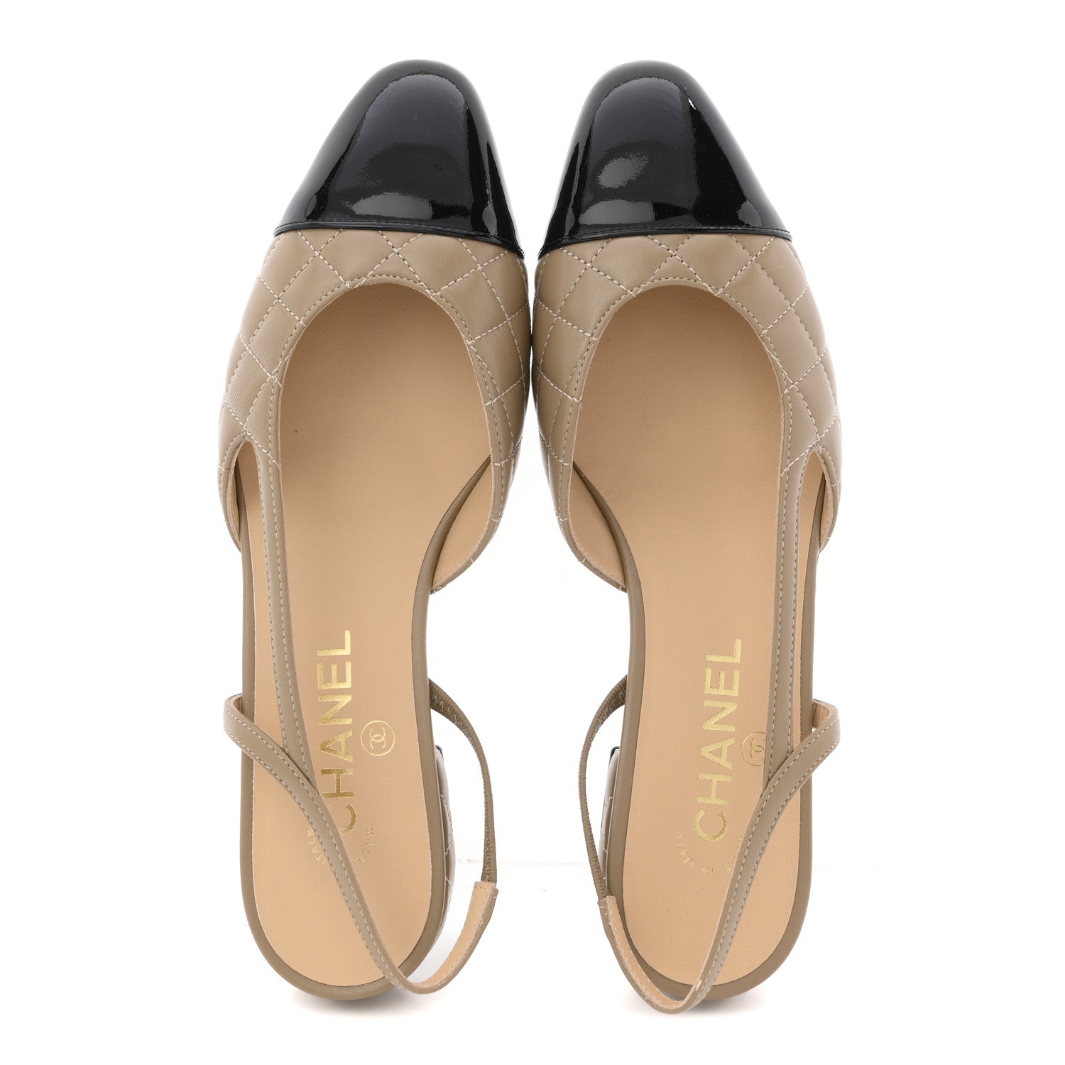 Chanel Lambskin Patent Cap Toe CC Slingback Flats 38.5 Beige Black 2 of 12