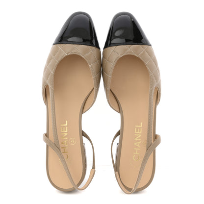 Chanel Lambskin Patent Cap Toe CC Slingback Flats 38.5 Beige Black 2 of 12