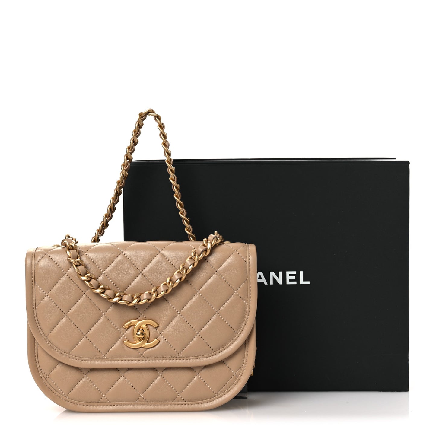Calfskin Quilted Small Messenger Flap Beige