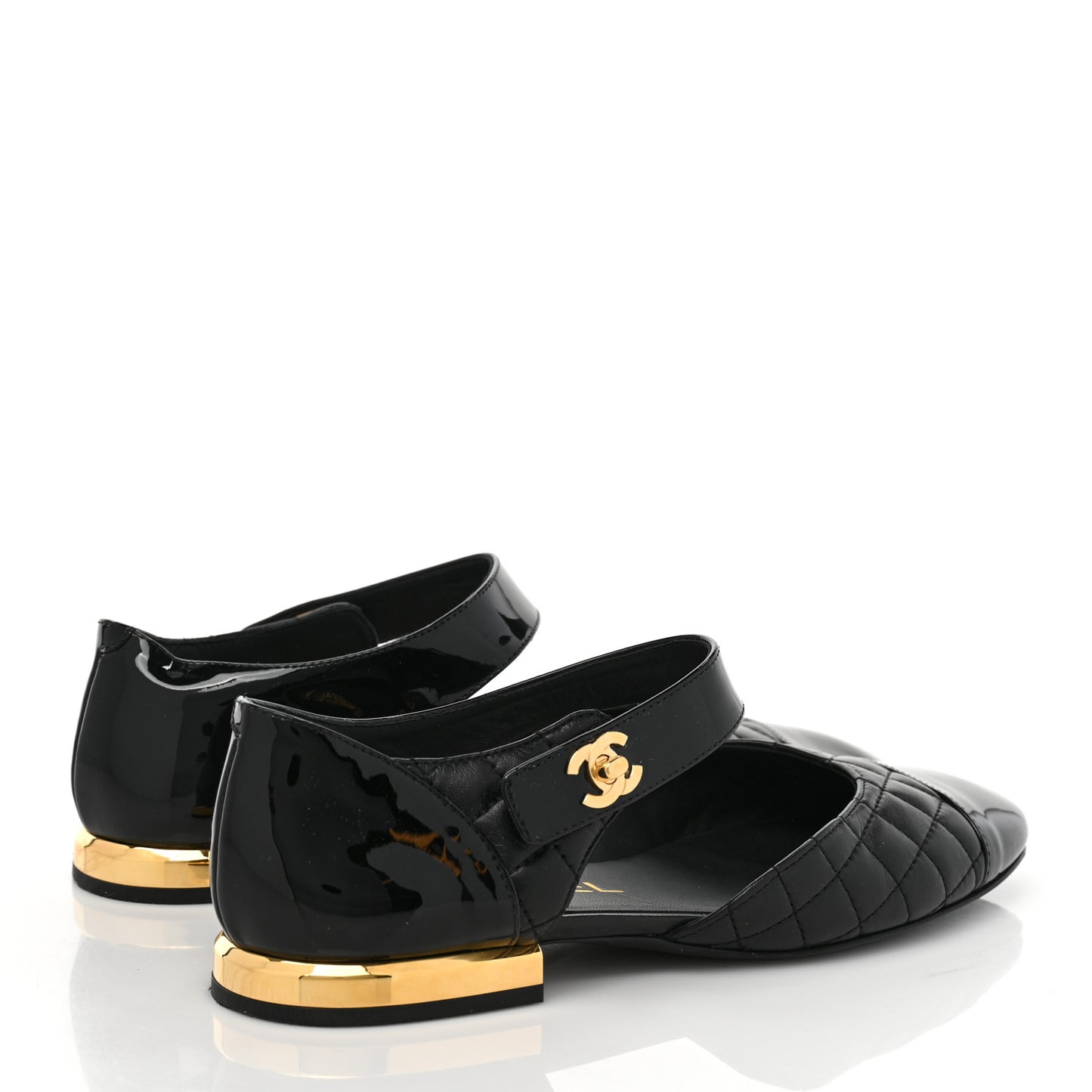 Patent Lambskin Quilted Cap Toe Ballerina Flats 36 Black