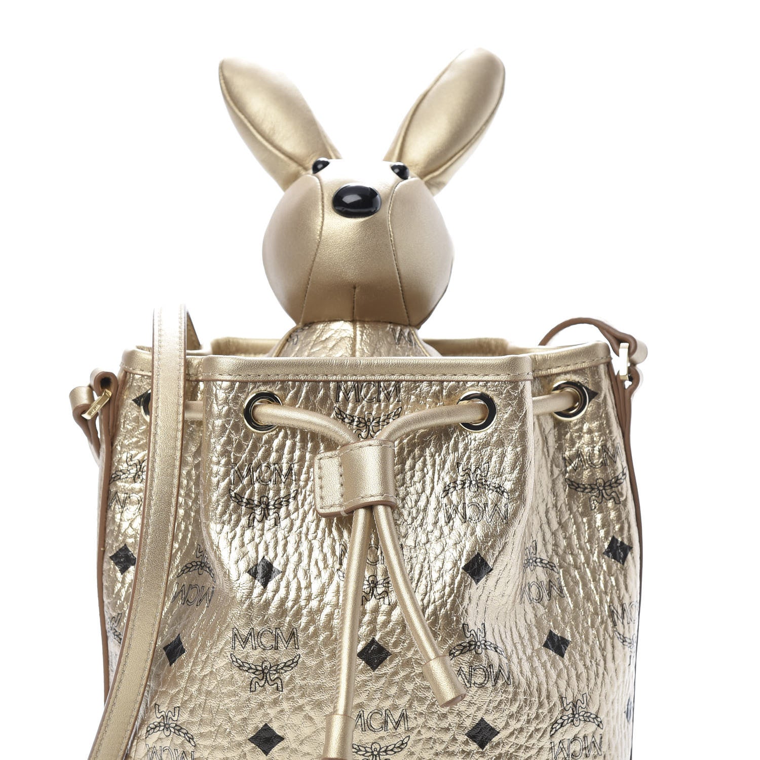 MCM Metallic Visetos Zoo Rabbit Drawstring Bucket Bag Berlin Gold 9 of 11