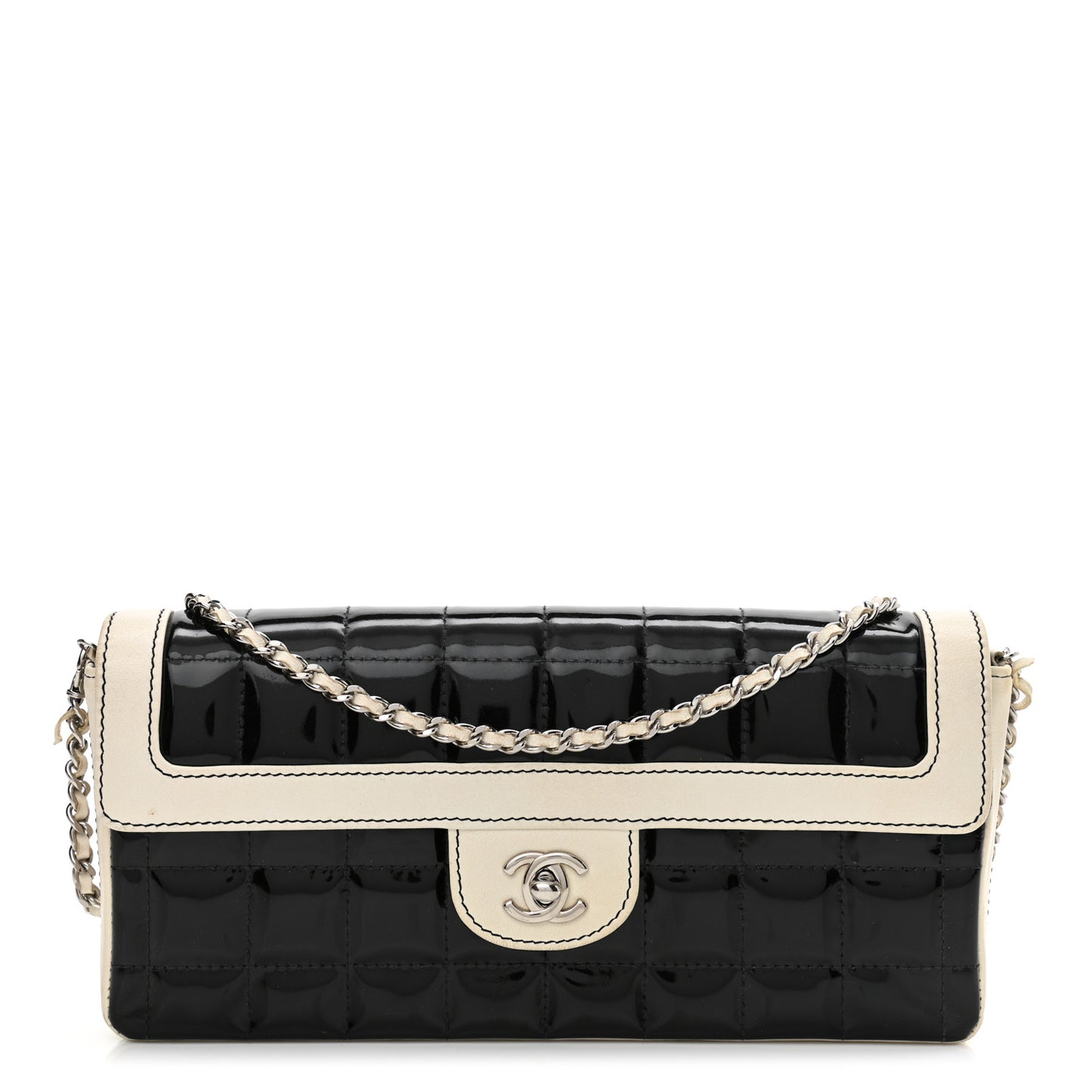 Patent Lambskin East West Chocolate Bar Flap Black White