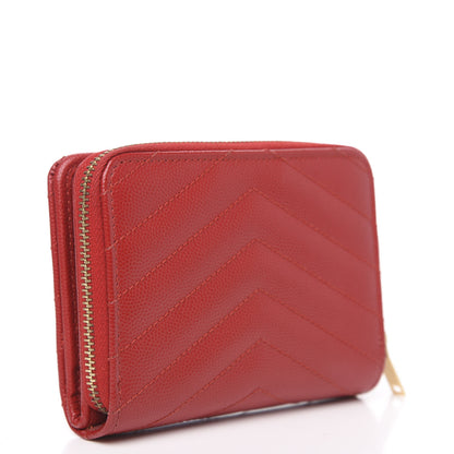 Saint Laurent Grain De Poudre Matelasse Chevron Monogram Compact Zip Around Wallet Red 2 of 7