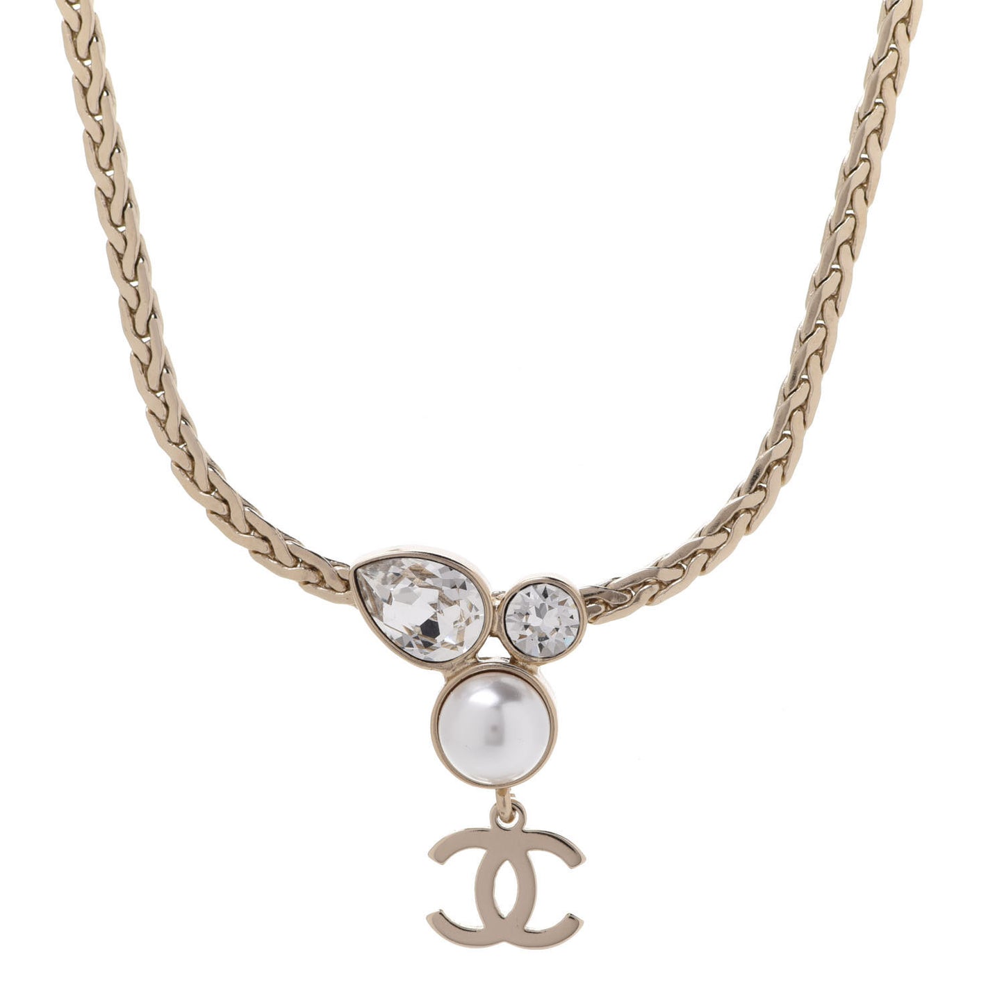 Pearl Crystal CC Teardrop Braided Necklace Gold