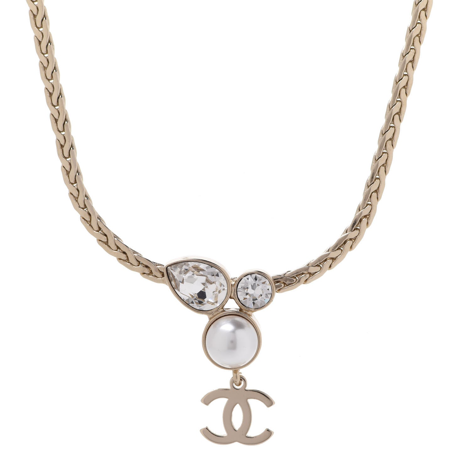 Chanel Pearl Crystal CC Teardrop Braided Necklace Gold 4 of 6