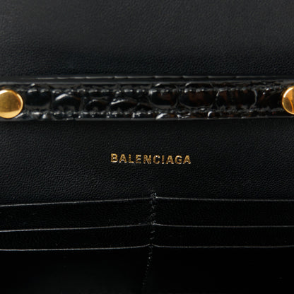 Balenciaga Shiny Calfskin Crocodile Embossed Hourglass Chain Bag Black 6 of 11