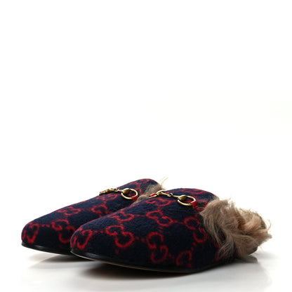 Gucci Covered Wool Big GG Monogram Fur Womens Princetown Slippers 37 Blue Red Butterscotch 3 of 7