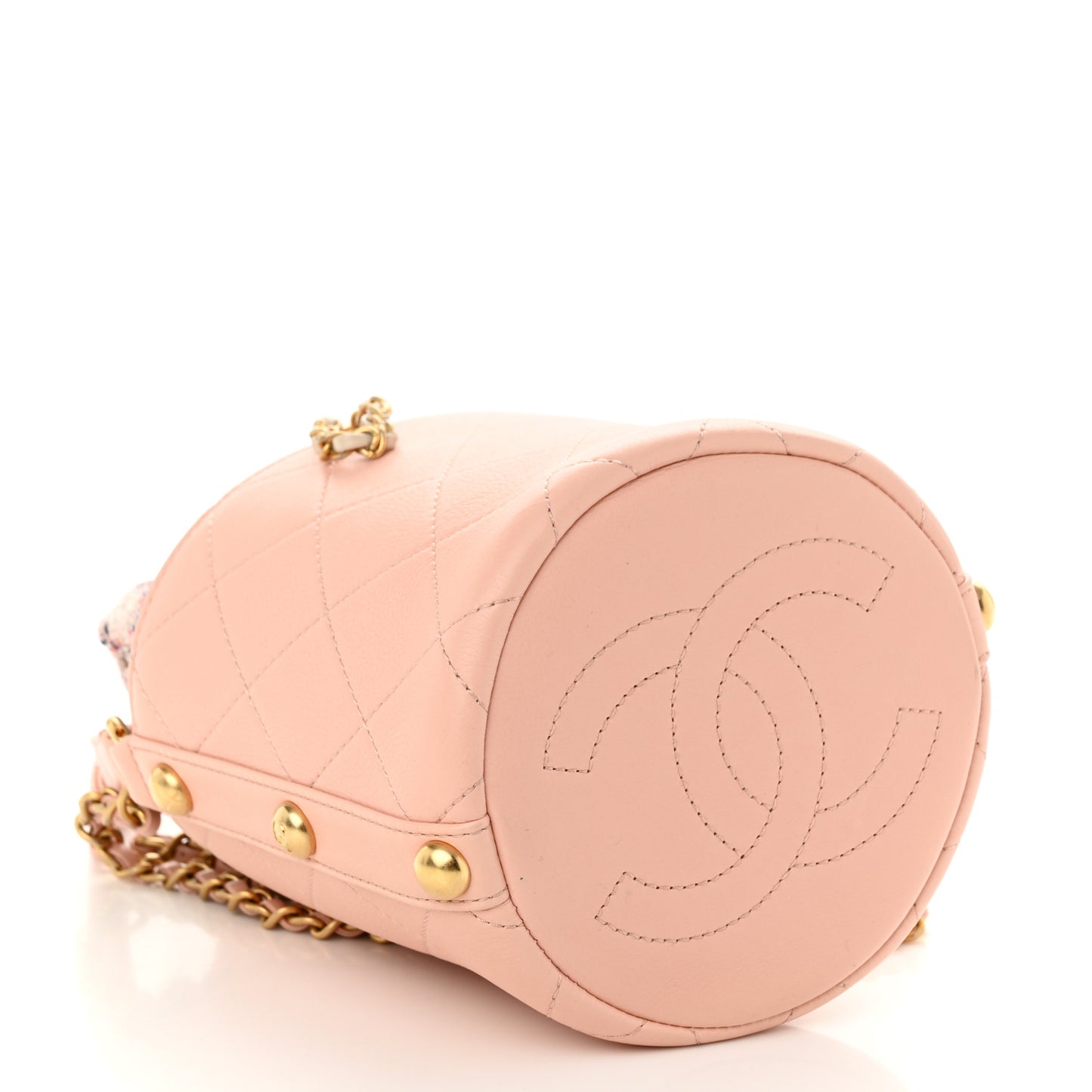 Calfskin Tweed Small CC Chain Bucket Drawstring Bag Light Pink