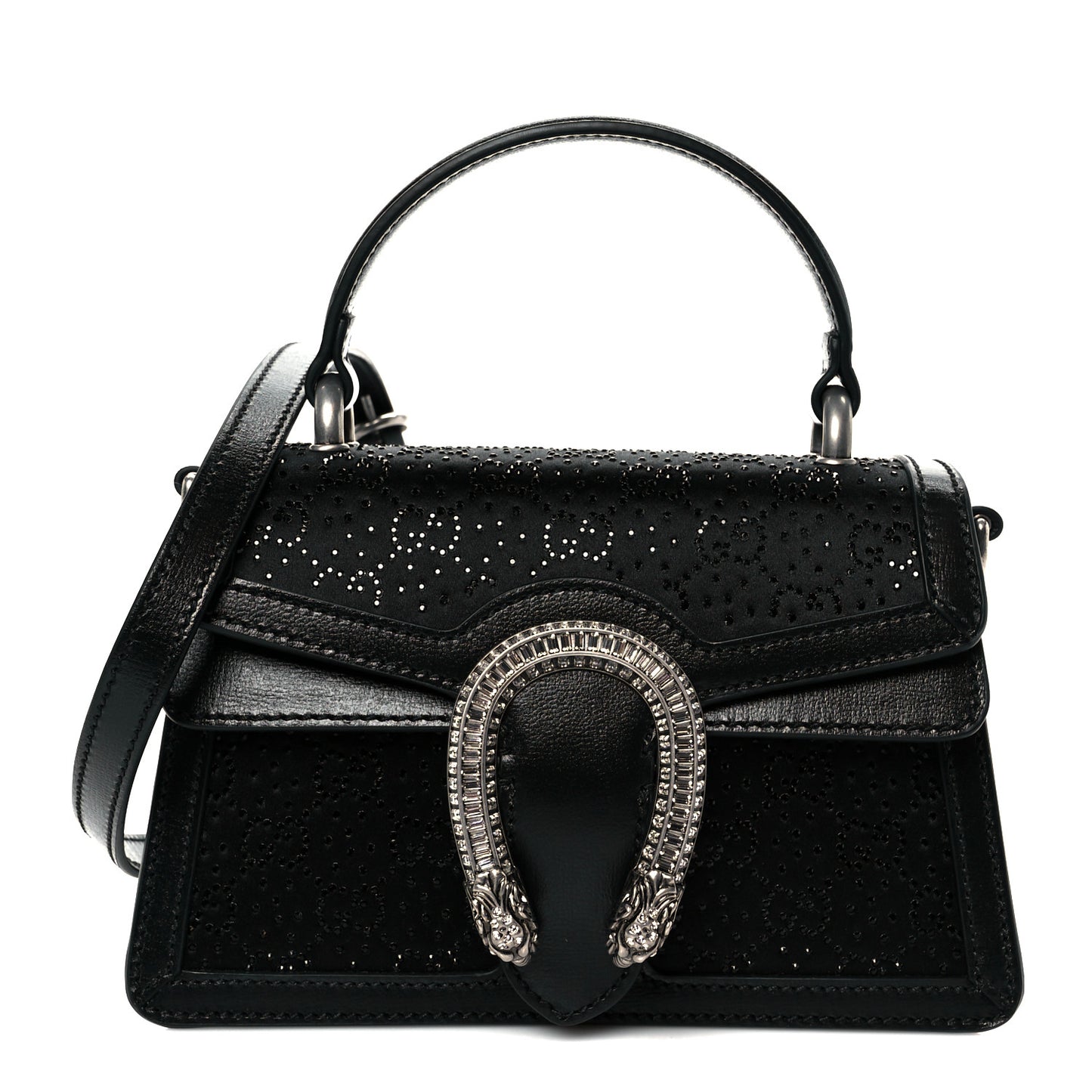Satin Crystal GG Monogram Mini Dionysus Top Handle Bag Black