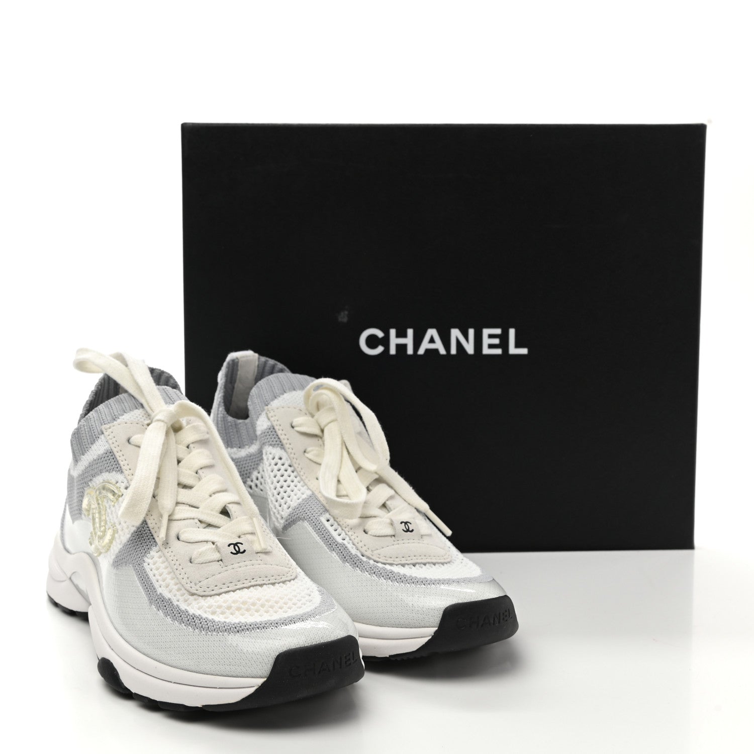 Chanel Mesh Fabric Womens CC Sneakers 36.5 White Grey 9 of 9
