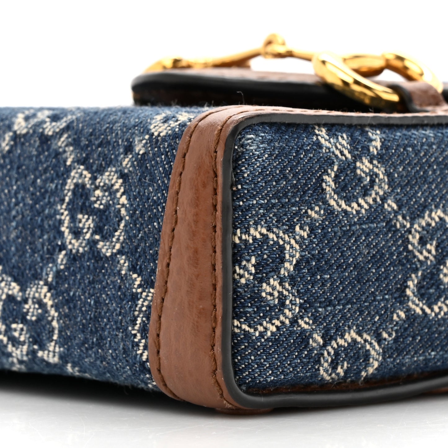 New Denim GG Monogram Dollar Calfskin Mini Horsebit 1955 Crossbody Bag Blue Tea Cuir Epilog