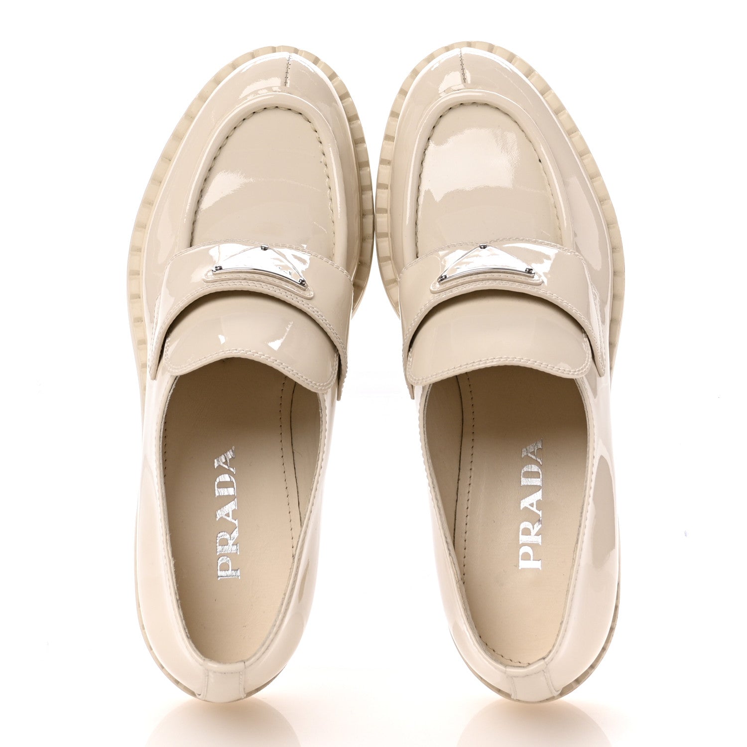 Prada Vernice Metal Triangle Logo 50mm Loafers 39.5 Avorio 2 of 11