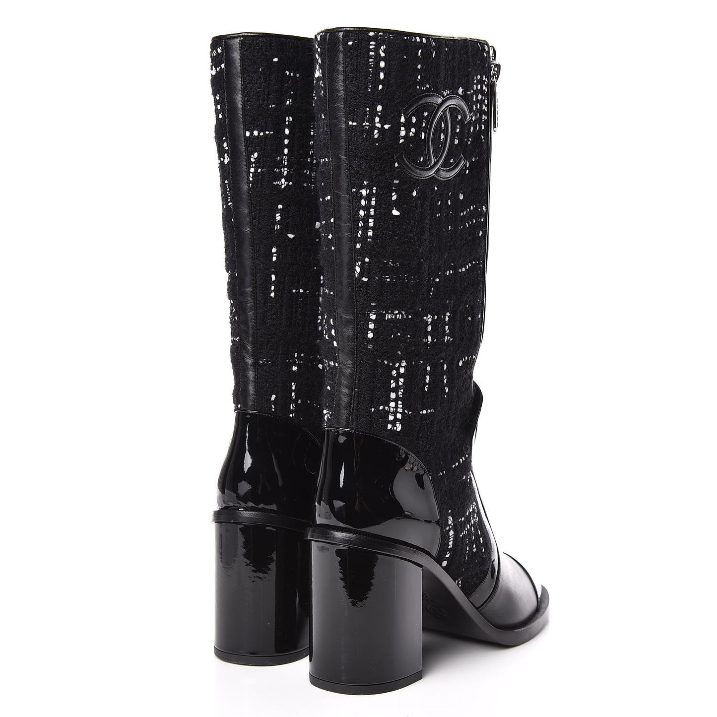 Tweed Calfskin Patent Cap Toe CC High Boots 39 Black Navy White