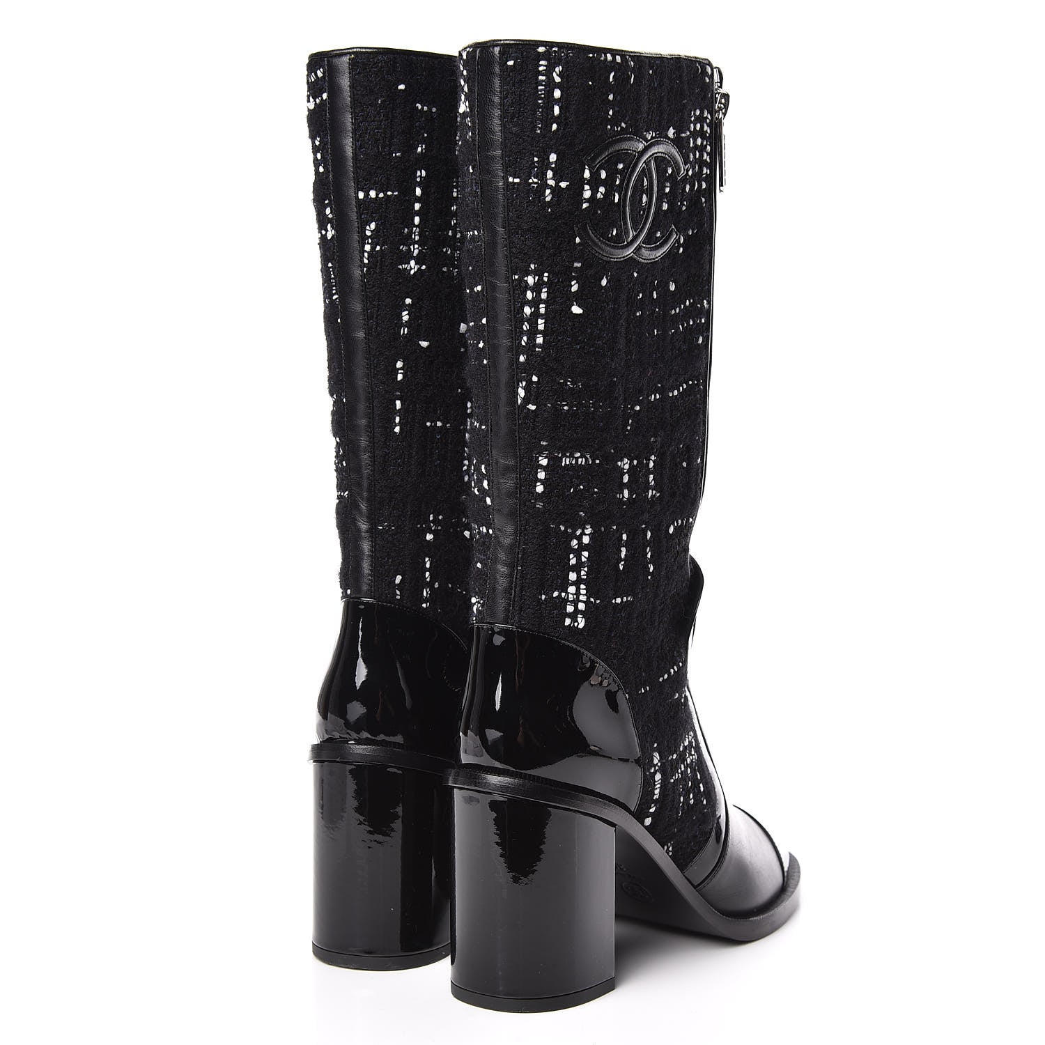 Chanel Tweed Calfskin Patent Cap Toe CC High Boots 39 Black Navy White 4 of 13