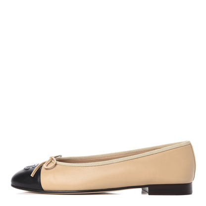 Chanel Lambskin CC Cap Toe Ballerina Flats 37.5 Beige Black 1 of 9