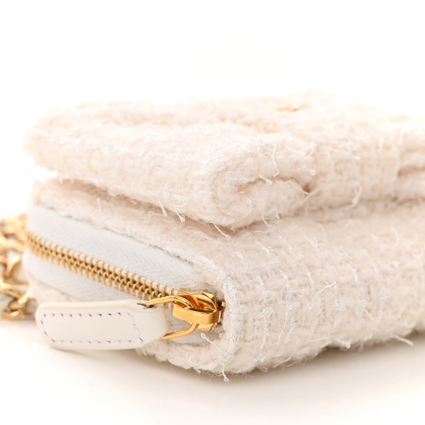 Tweed Quilted Bow Flap Card Holder On Chain White