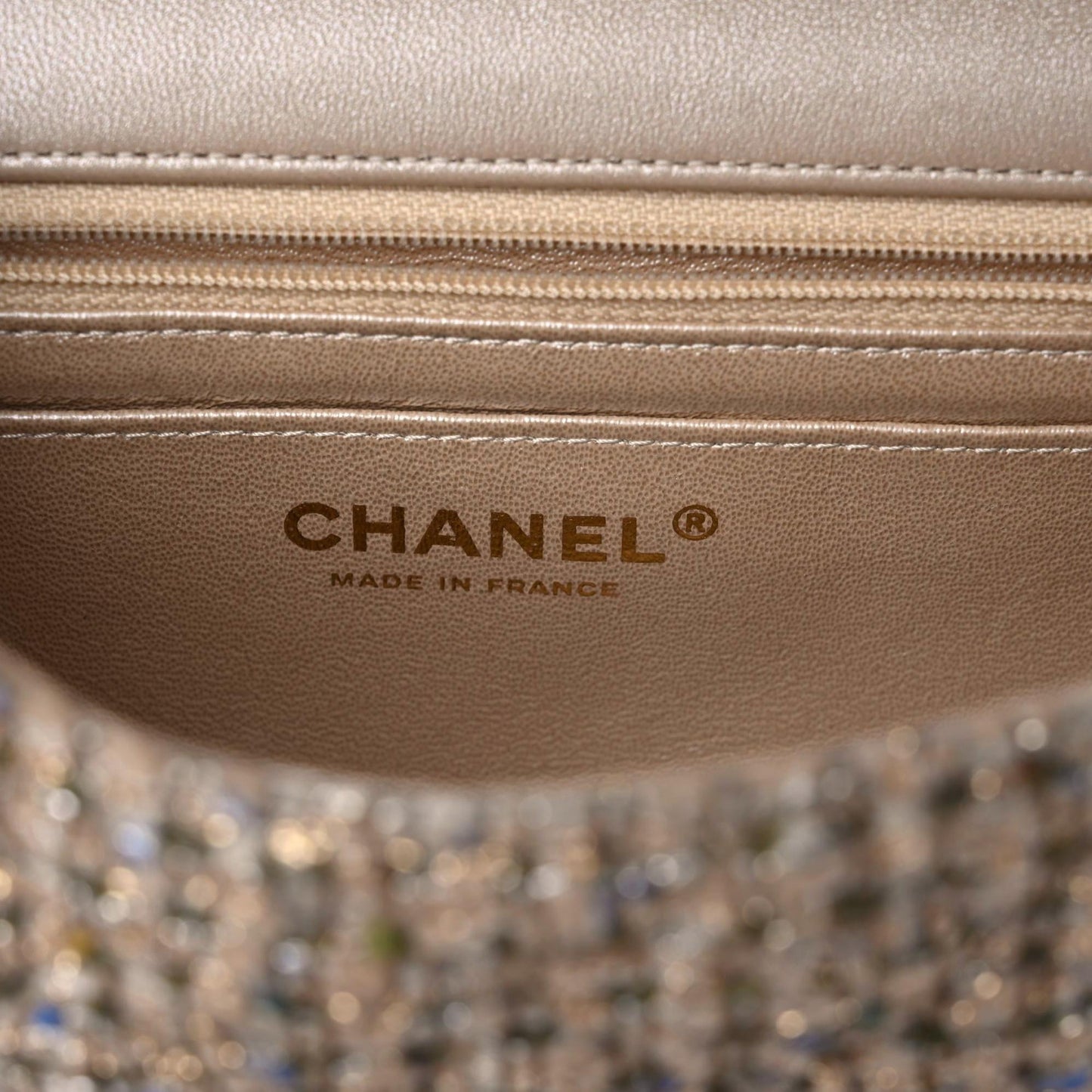 Tweed Quilted Mini Rectangular Flap Beige