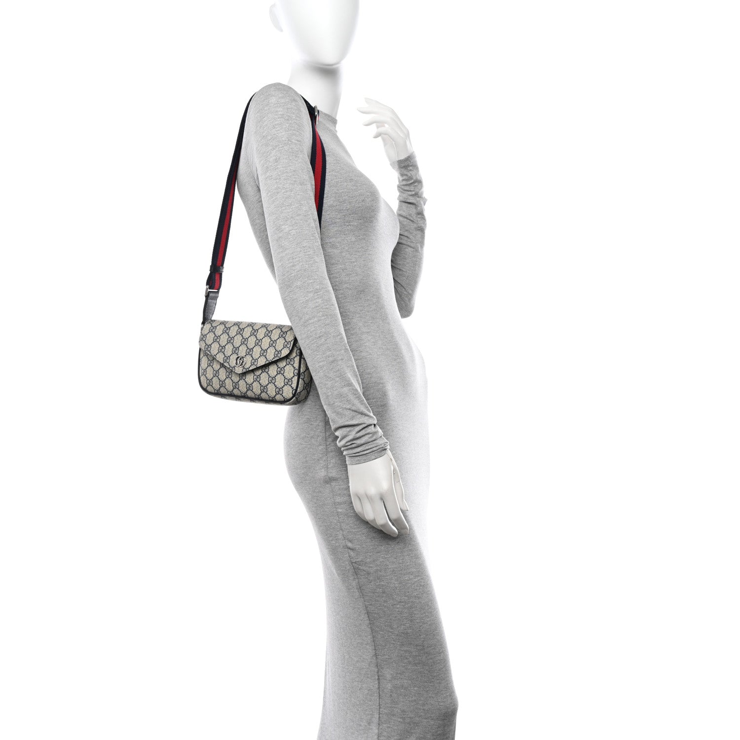 Gucci GG Supreme Monogram Textured Dollar Calfskin Web Mini Ophidia Envelope Shoulder Bag Beige Blue 2 of 10