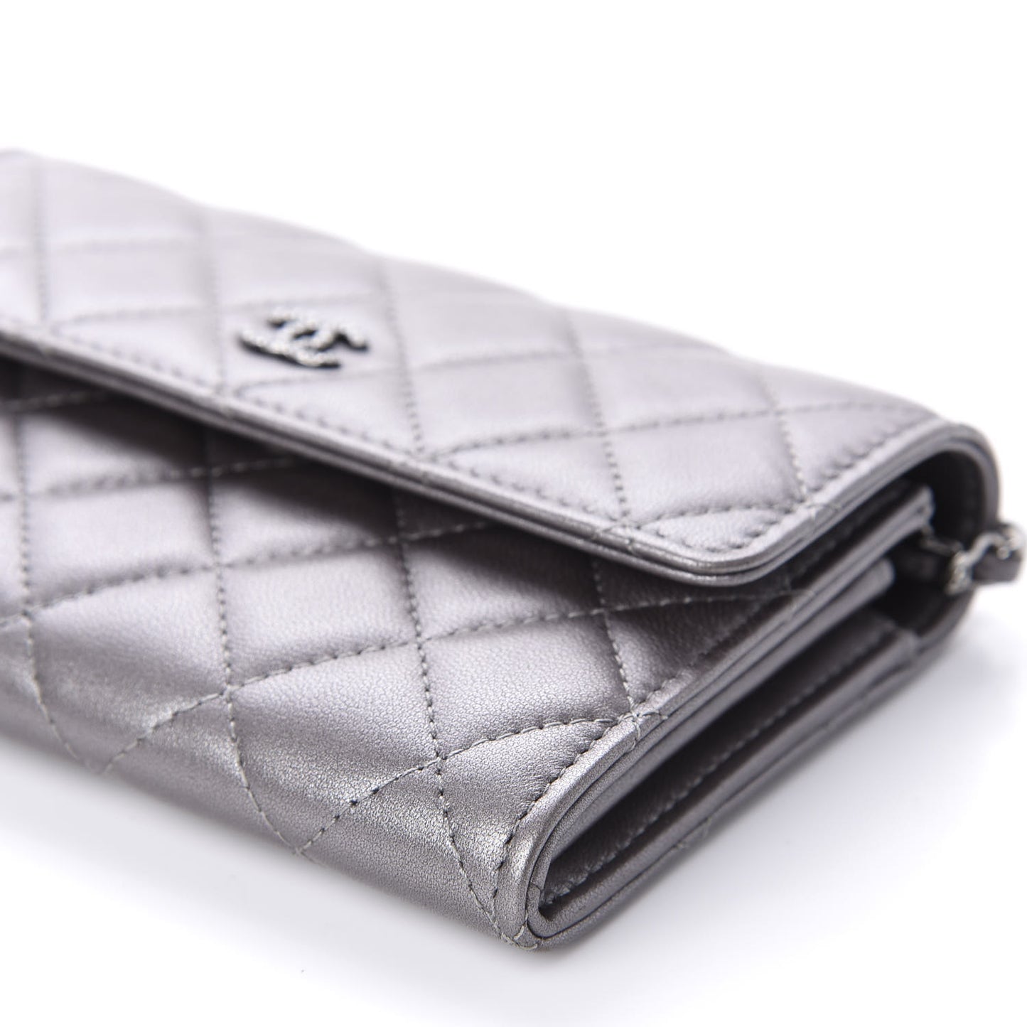 Lambskin Quilted Pearl My Shoulder Mini French Wallet On Chain WOC Silver