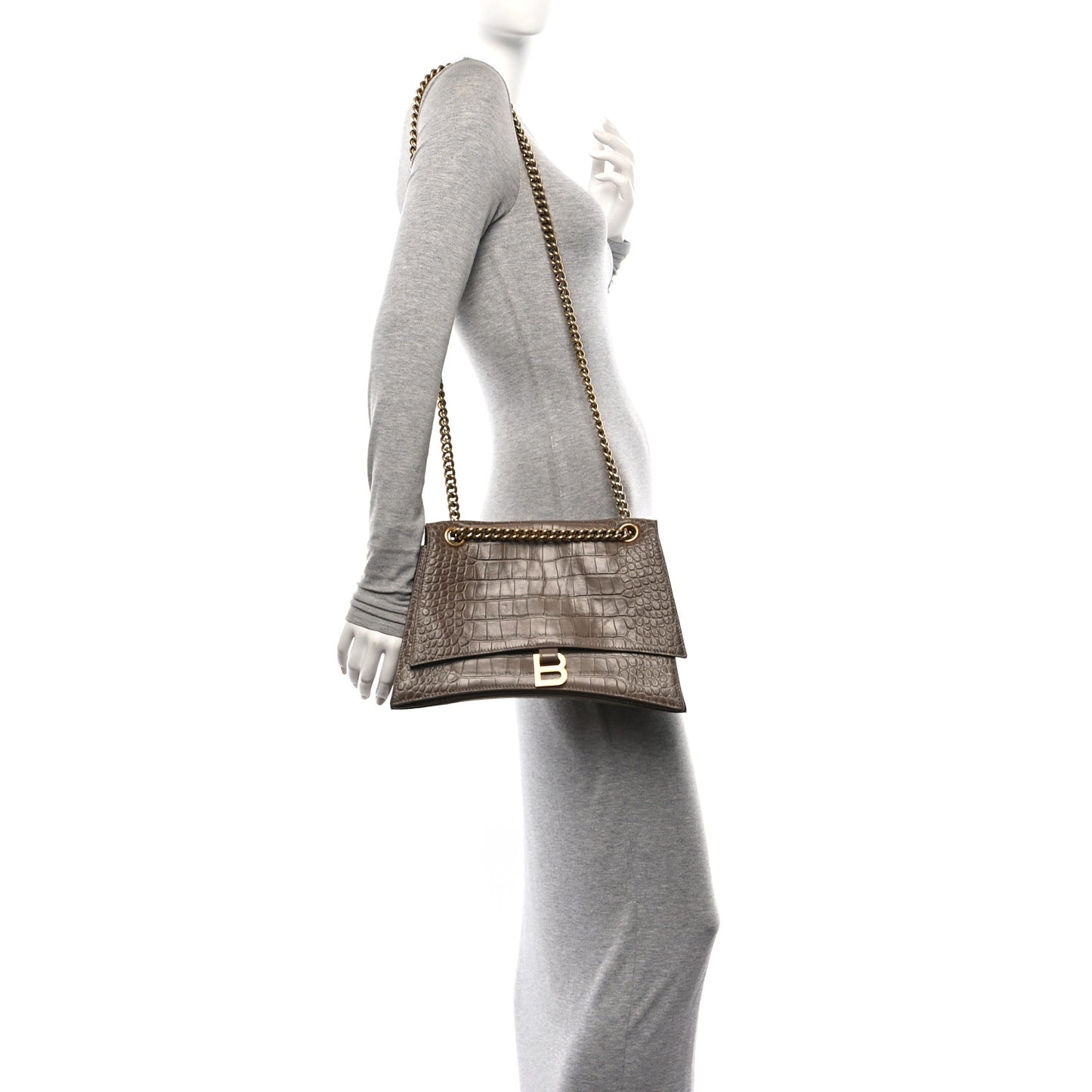 Extra Supple Calfskin Crocodile Embossed Medium Crush Chain Bag Mink Grey