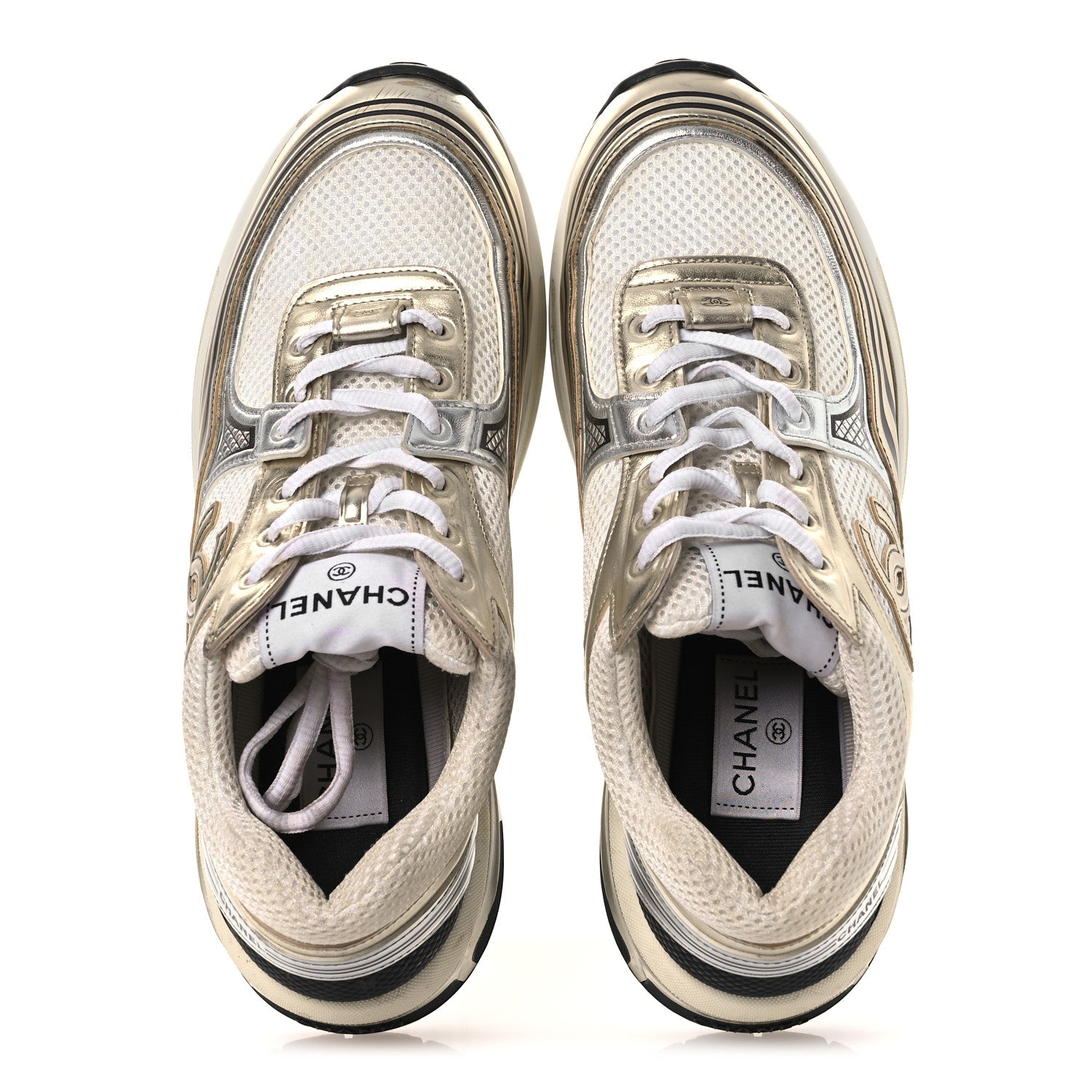 Chanel Fabric Laminated Calfskin Stretch CC Womens Sneakers 40 White Gold Silver 2 of 13