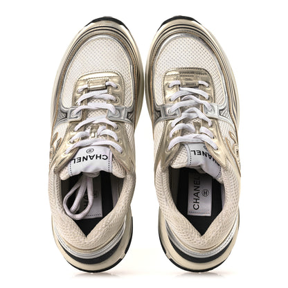 Chanel Fabric Laminated Calfskin Stretch CC Womens Sneakers 40 White Gold Silver 2 of 13