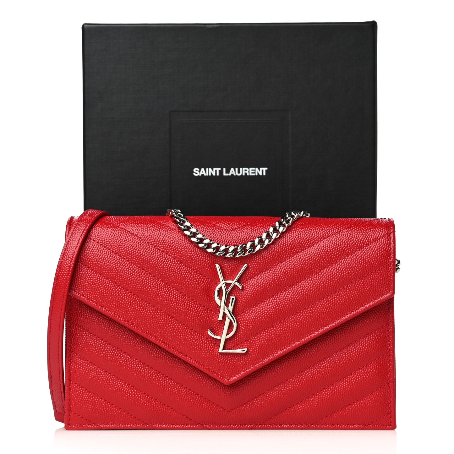 Grain De Poudre Matelasse Chevron Monogram Envelope Chain Wallet Rouge Eros