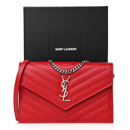 Saint Laurent Grain De Poudre Matelasse Chevron Monogram Envelope Chain Wallet Rouge Eros 10 of 10