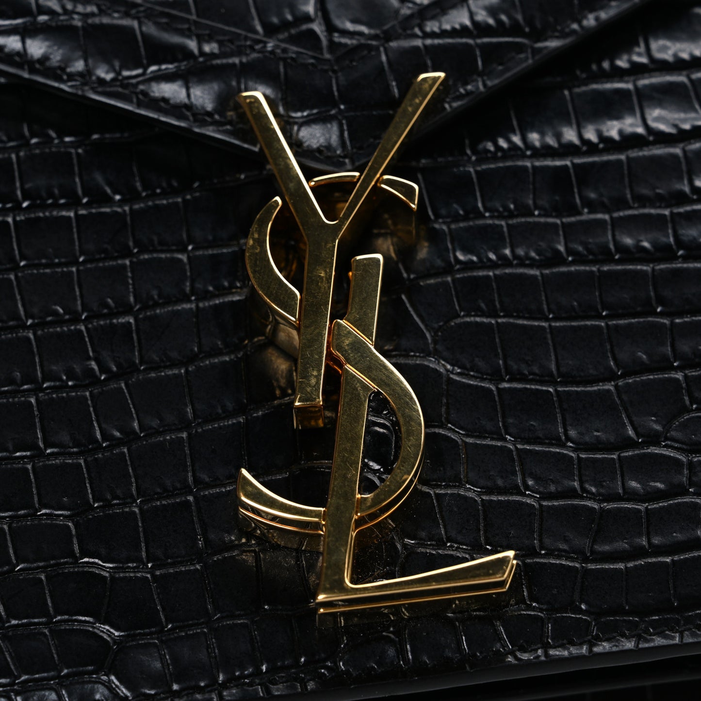 Calfskin Crocodile Embossed Monogram Cassandra Clasp Bag Black