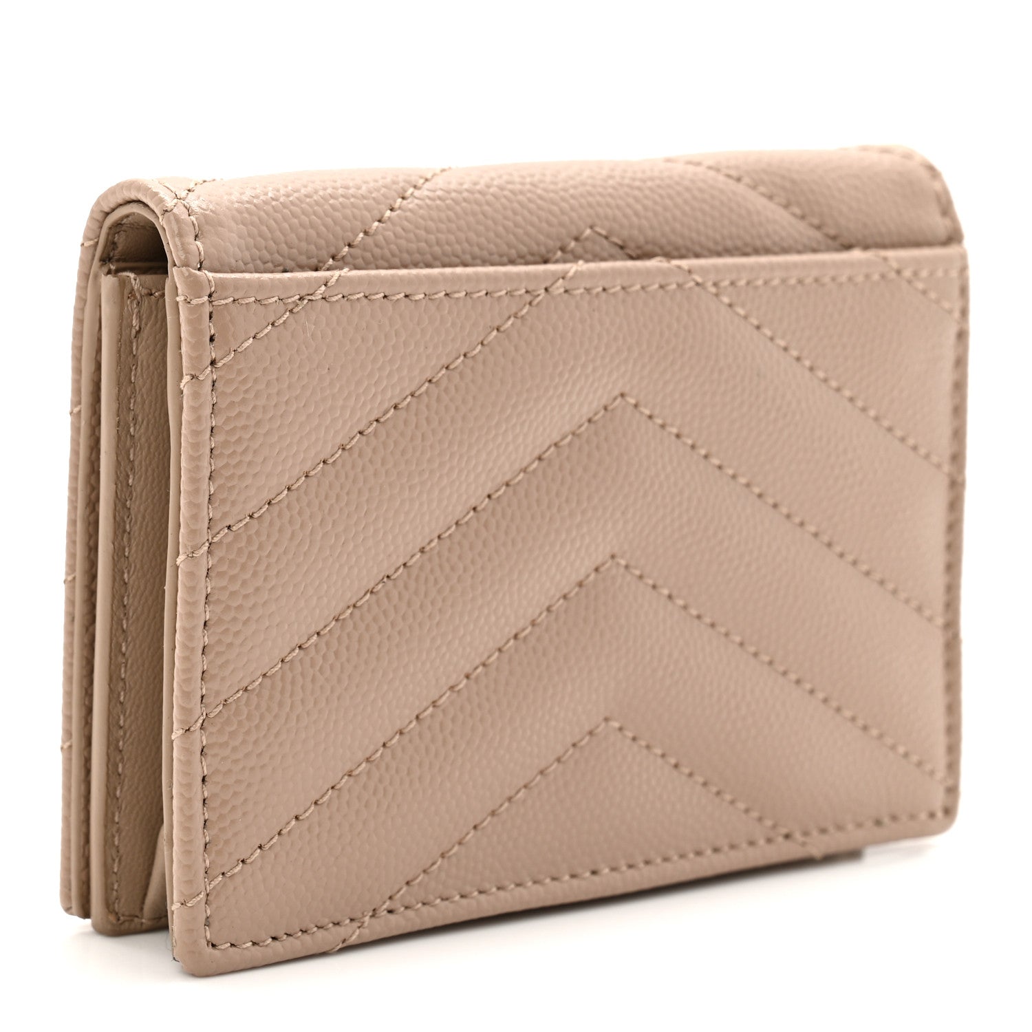 Saint Laurent Grain De Poudre Matelasse Chevron Monogram Flap Card Case Dark Beige 3 of 9